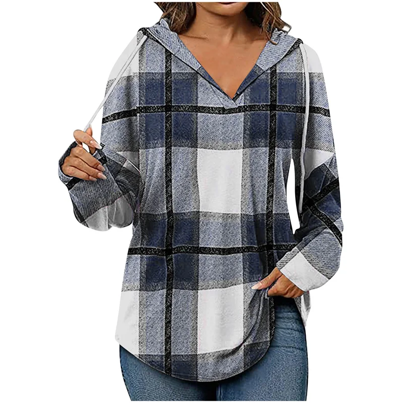 Street Wave Ruby Cozy Oversized Hoodie V Neck Plaid Grid For Women