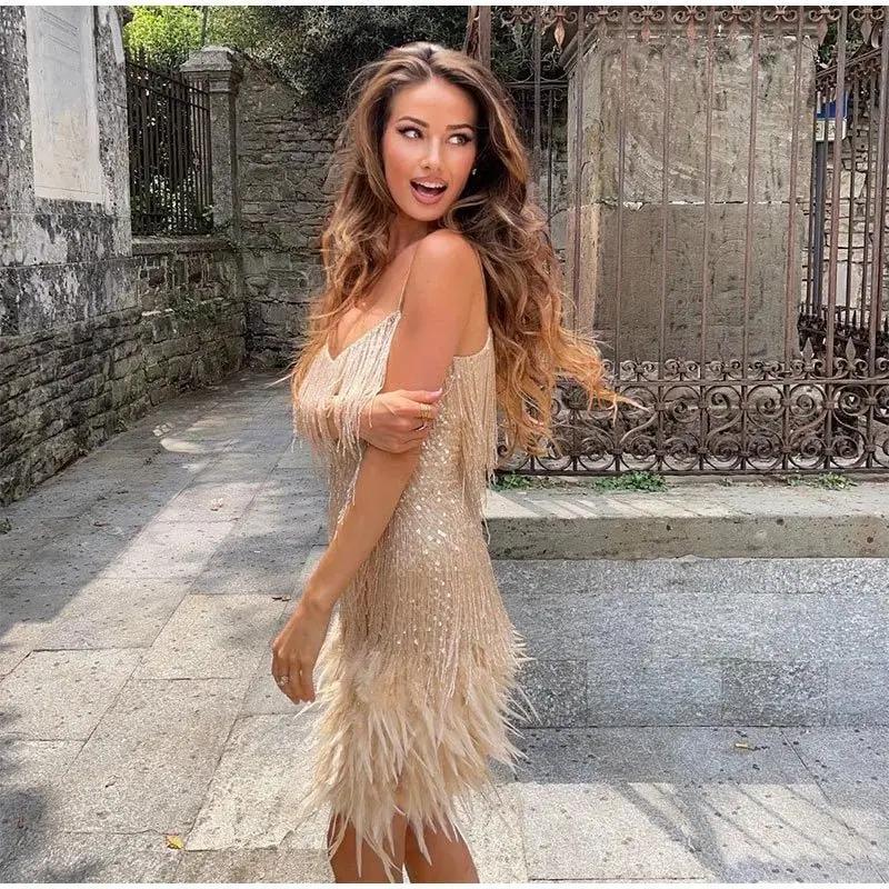 Sequin Cocktail Dress Street-Wave for Women with Showstopping Feathered Fringe
