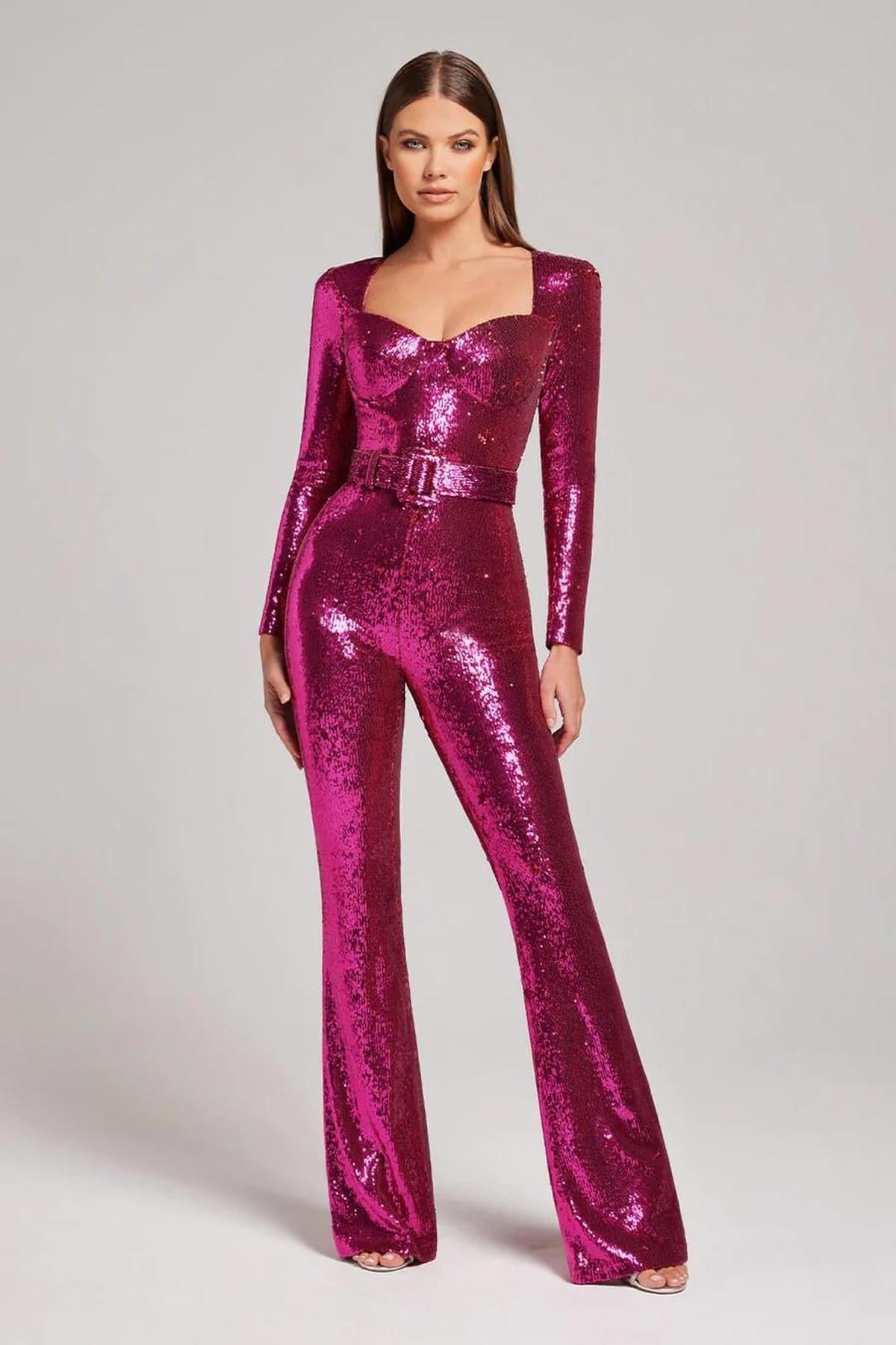Street-Wave Bianca Sequin Belted Evening Jumpsuit For Women