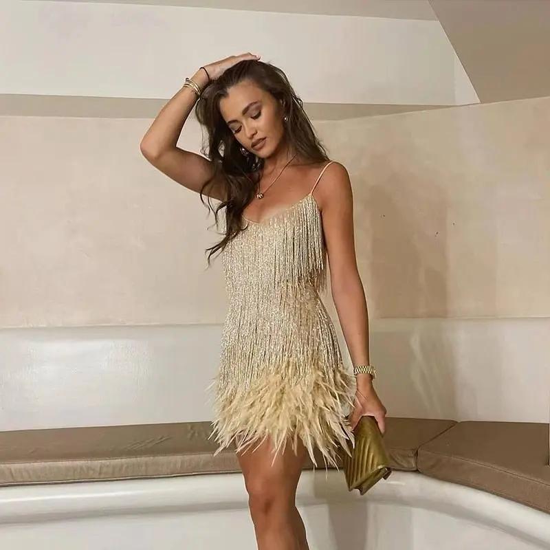 Street Wave Sequined Mini Dress For Women Dazzling Feather Hem Party Ready