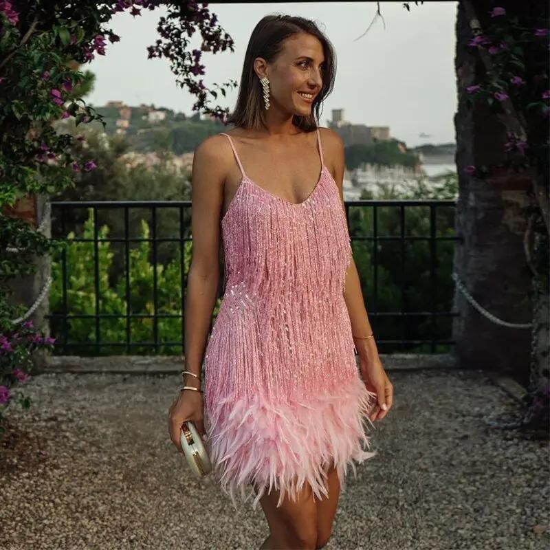 Street Wave Sequined Mini Dress For Women Dazzling Feather Hem Party Ready