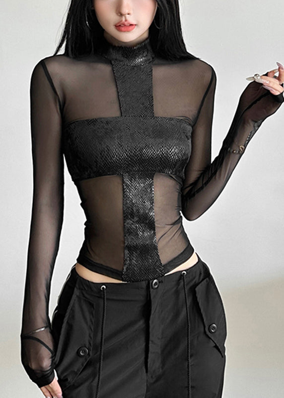 Haut sexy noir à col roulé en tulle transparent pour le printemps - Street-Wave