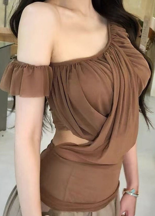 Haut asymétrique en tulle marron sexy à épaules dénudées pour l'été - Street-Wave