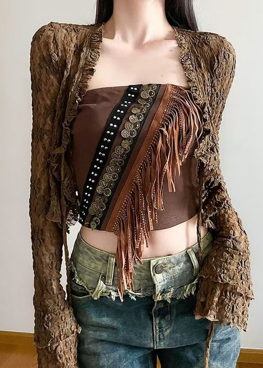 Ensemble deux pièces sexy marron avec cardigans à lacets ajourés et débardeur à pompons, printemps - Street-Wave