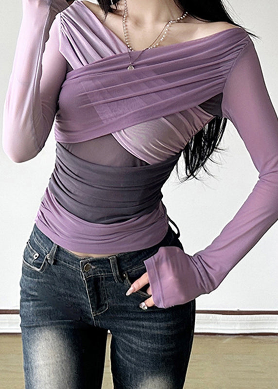 Haut sexy en tulle froissé violet à col bateau, printemps - Street-Wave