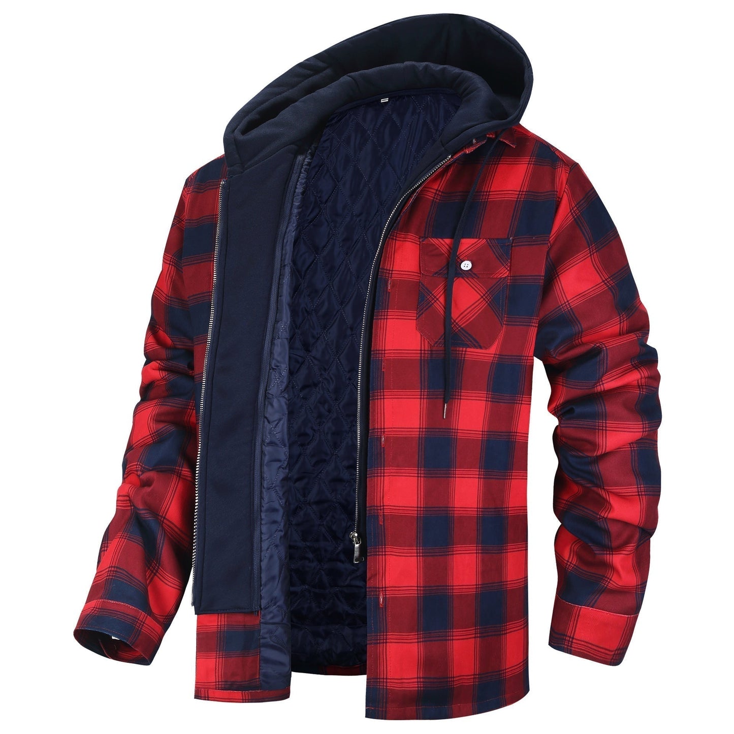 Street Wave Premium Hooded Jacket For Men Plaid Blue Check With Quilted Lining And Front Pockets