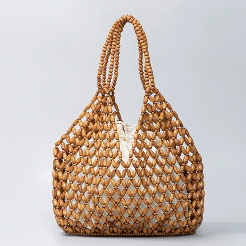 Street-Wave Ava Woven Handbag Handcrafted Natural Wooden Bead Pattern For Summer Style