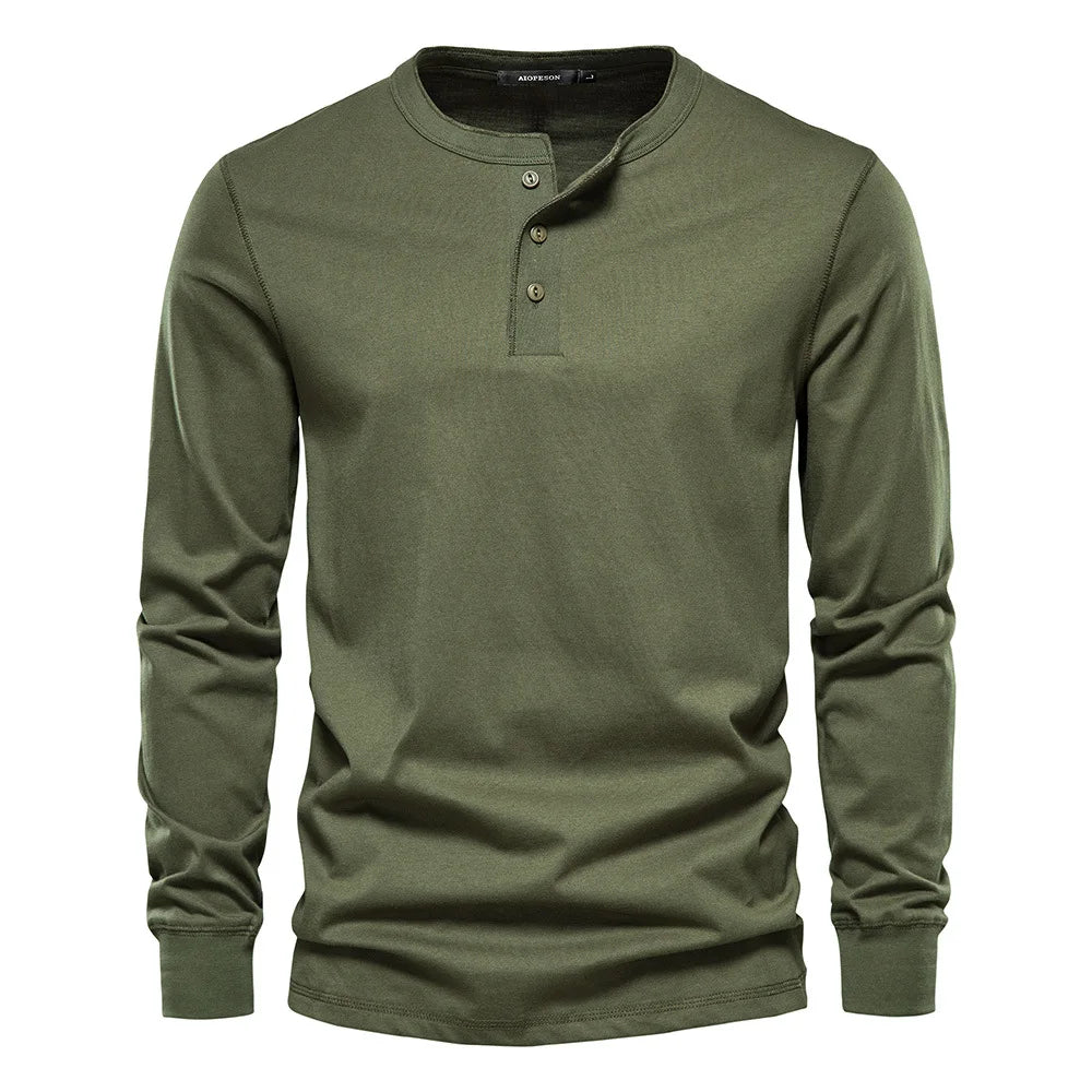 Men Long Sleeve Henley Shirt Navy Street Wave Comfort