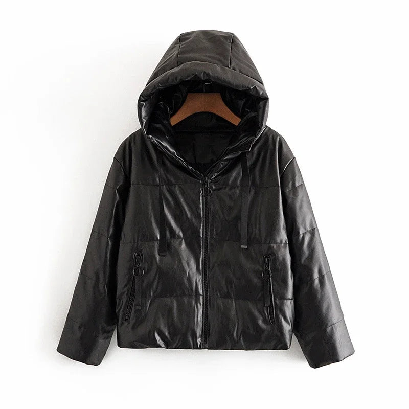 Street Wave Faux Leather Parka Jacket For Women Warm Padded Coat With Zippered Pockets