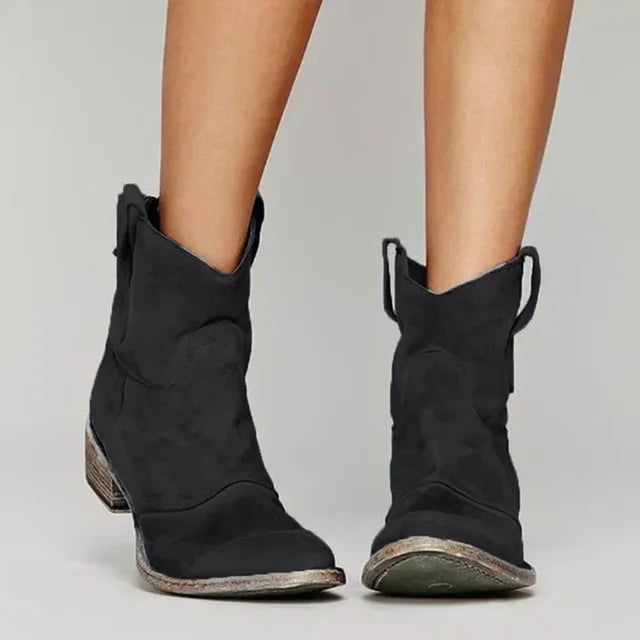 Street Wave Suede Ankle Boots For Women Low Heel Vintage Western Toe Pull Tabs Style