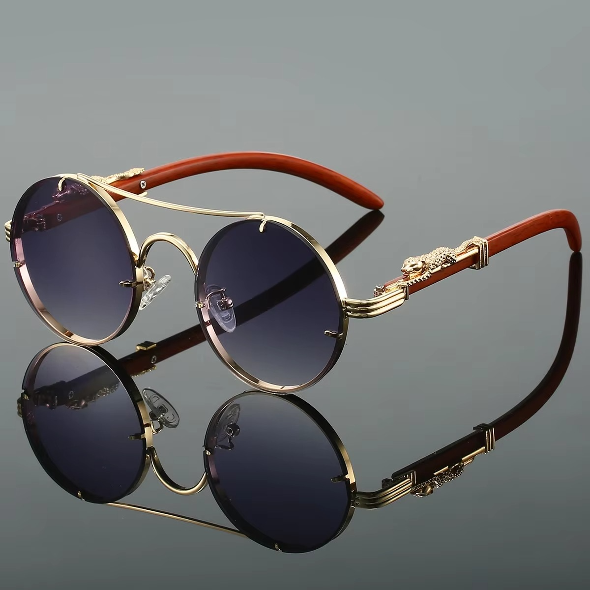 Vintage Round Sunglasses With Double Bridge Unisex Gold Tone Frame Red Tinted Lenses By Street-Wave