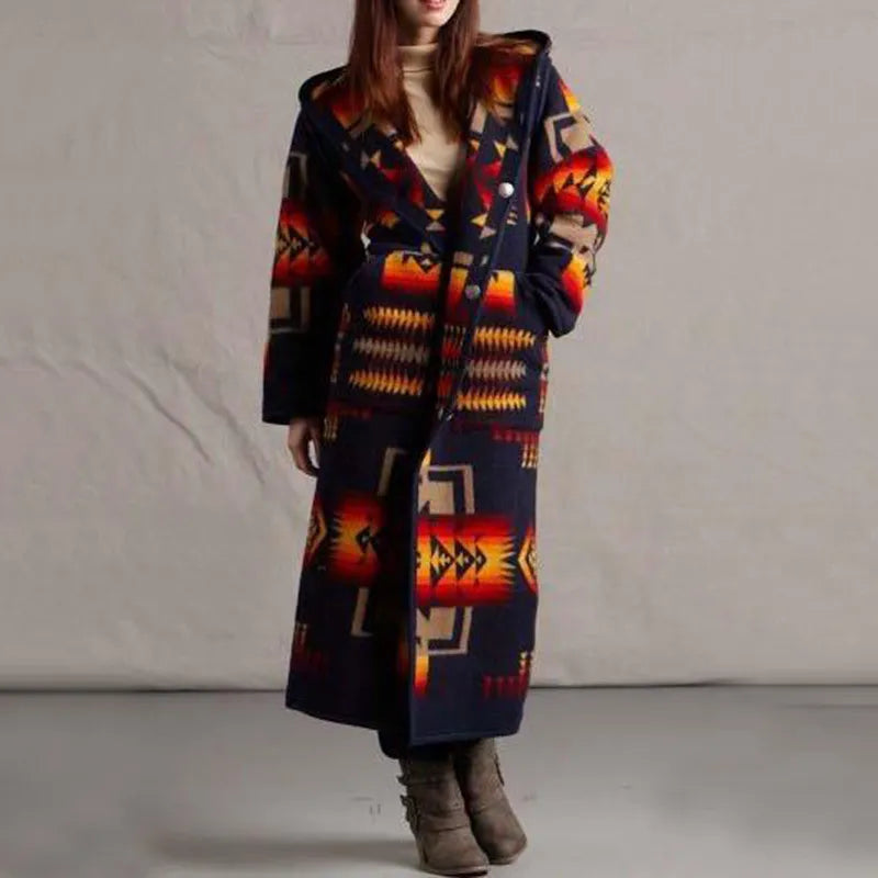 Street Wave Ethnic Long Coat For Women Cozy Warmth With Bold Geometric Pattern Outerwear