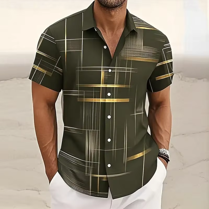 Street-Wave Men's 3D Geometric Plaid Short Sleeve Button Down Shirt For Modern Casual Style
