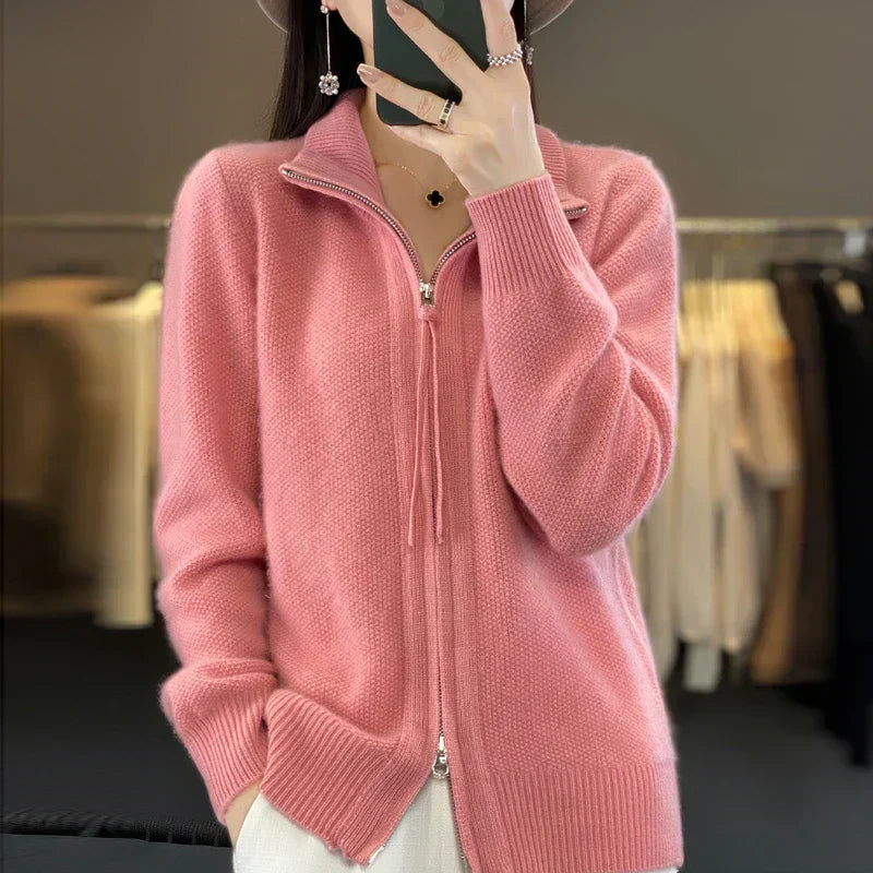 Streetwave Wool Cardigan With Double Zipper And High Collar For Women Soft And Elegant Everyday Wear