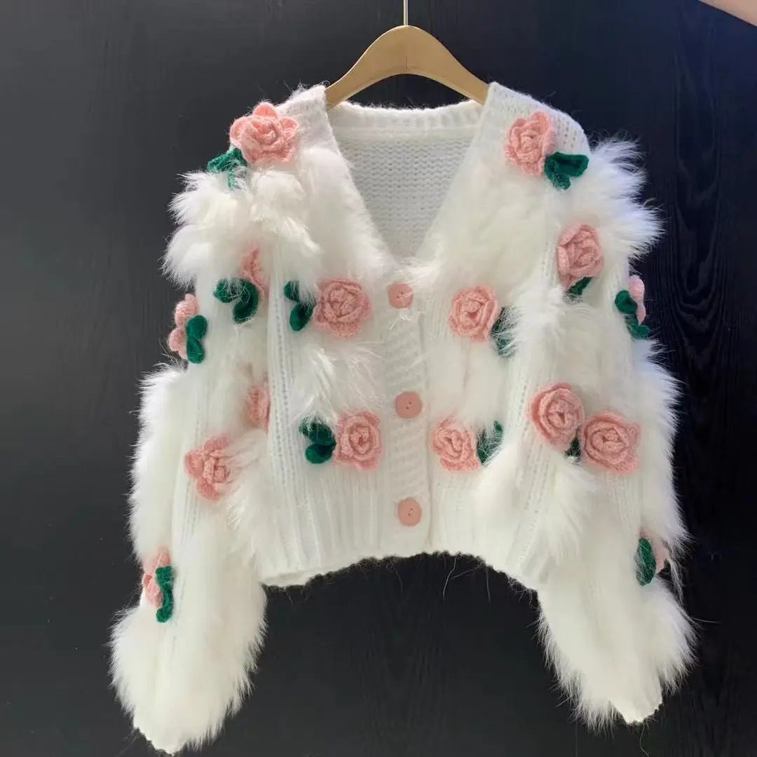 Street-Wave Moonlight Serenade Cardigan For Women With Floral Appliqué And Cozy Fur Trim