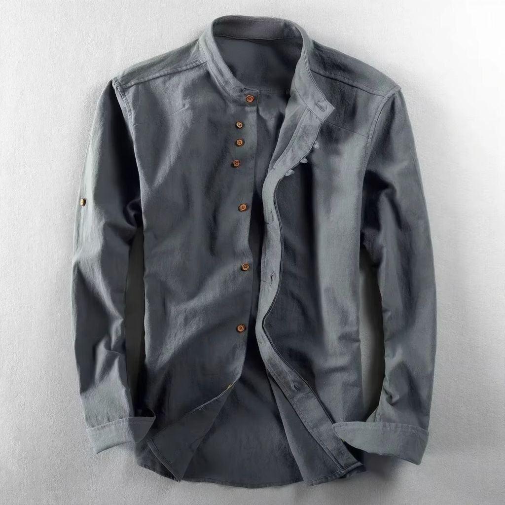 Street-Wave Men's Cotton Linen Stand Collar Shirt Retro Chinese Style Long Sleeve Top Sizes M Through 7XL