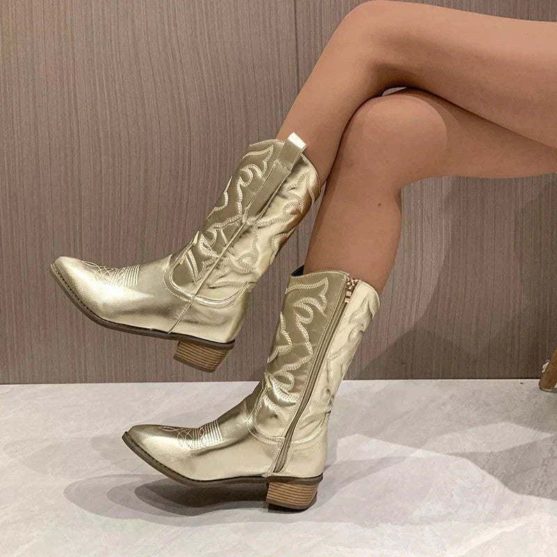 Streetwave Silver Chunky Heel Cowboy Boots With Side Zip For Party Ready Women Fashionable Everyday Wear