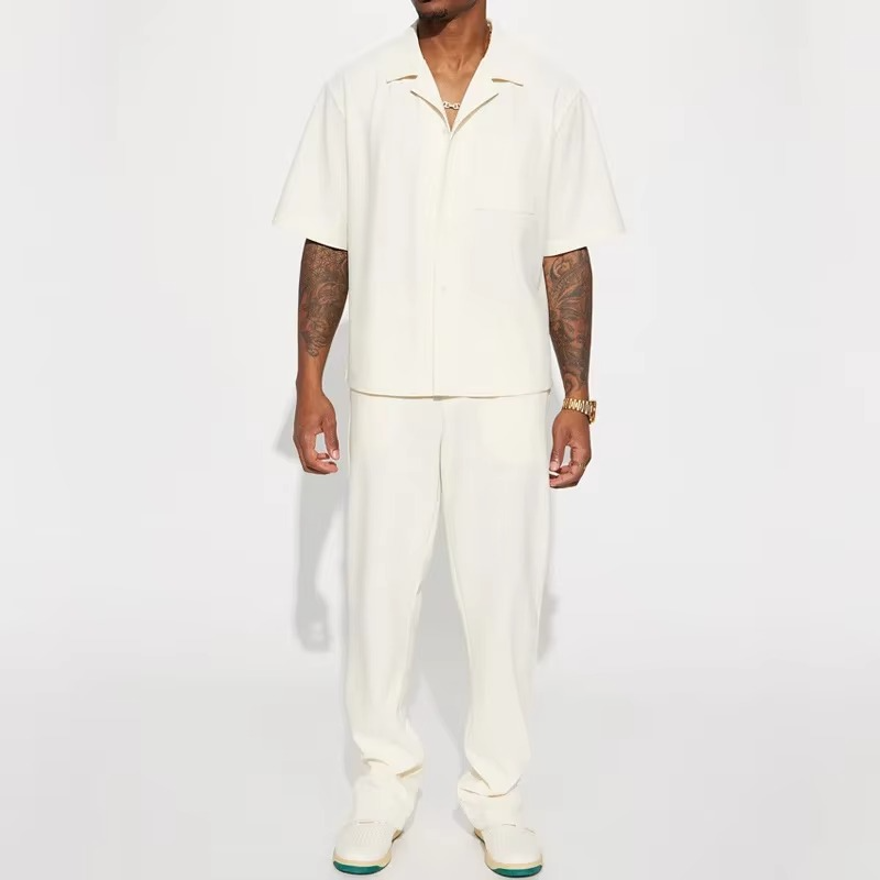 Mens Solid Two Piece Casual Streetwear Set Short Sleeve Lapel Shirt With Matching Pants