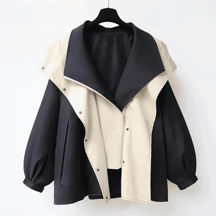 Street-wave Oversized Hooded Jacket for Women with Cinched Waist Two-Tone Layering for All-Season Warmth