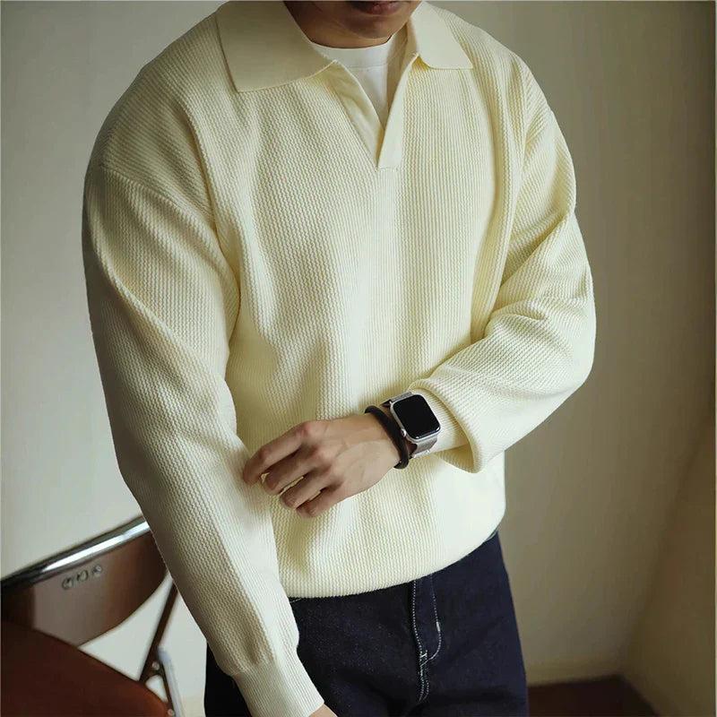 Levan Knit Polo Shirt for Men Open V Collar Lightweight Breathable Street-Wave Fine Gauge Knit Top