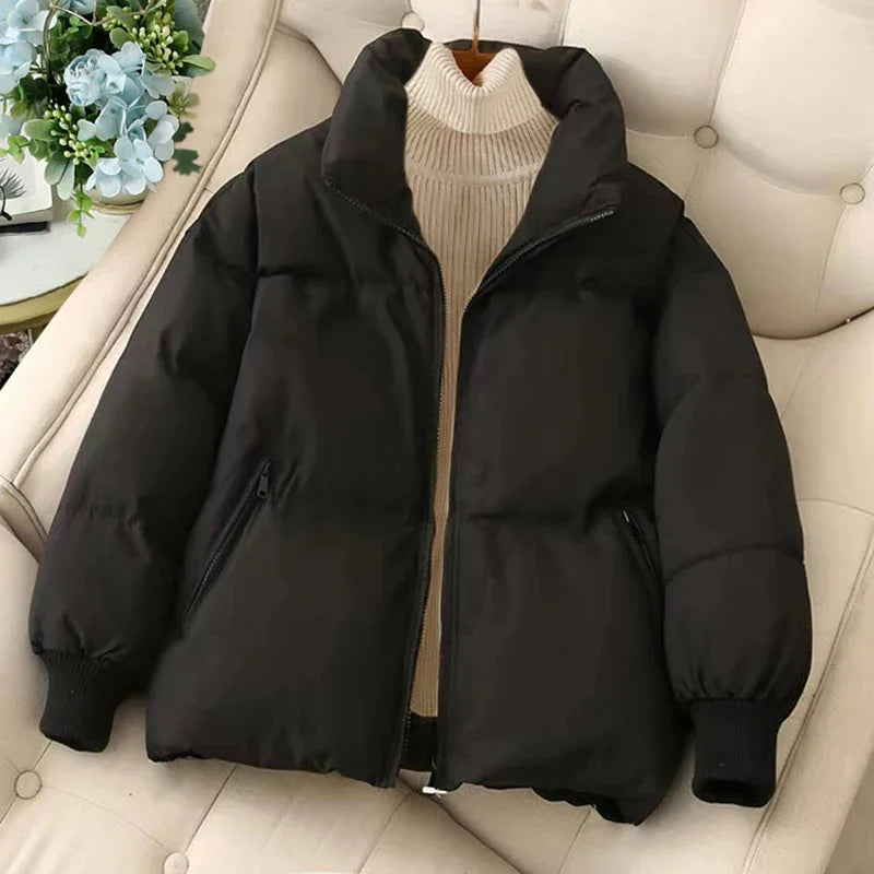 Street-Wave Winter Puffer Jacket With Zipper And Stand Collar For Women Cozy Yet Stylish Cold Weather Coat
