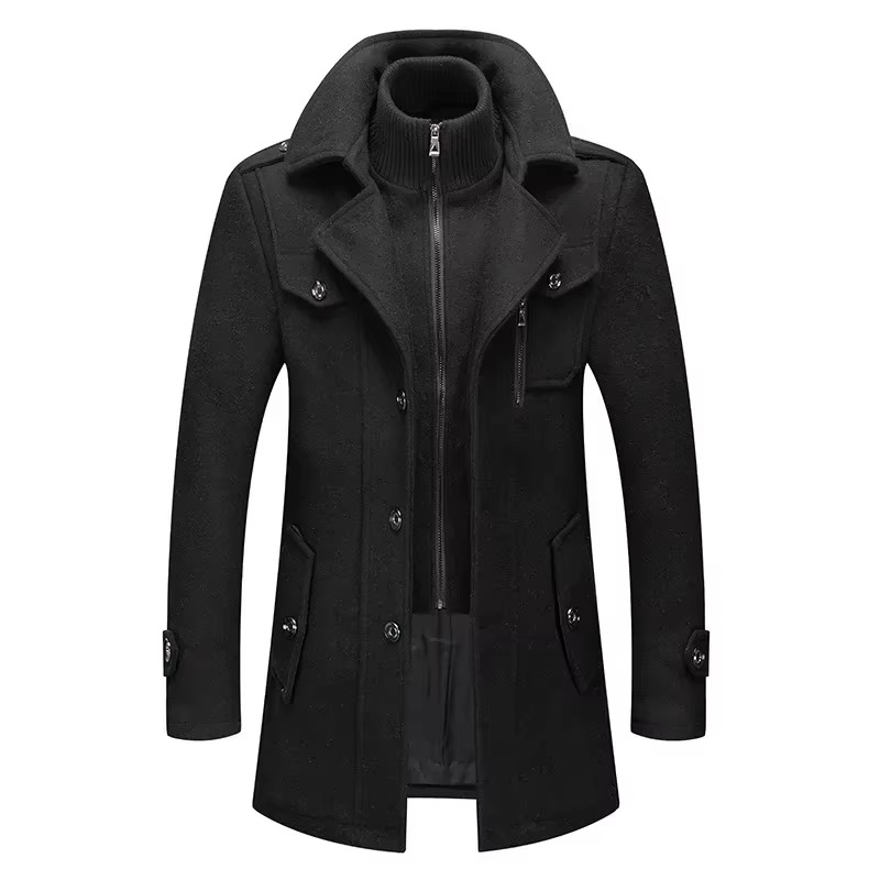 Street-Wave Men's Mid Length Wool Trench Coat With Double Collar Zipper Overcoat For Fall And Winter