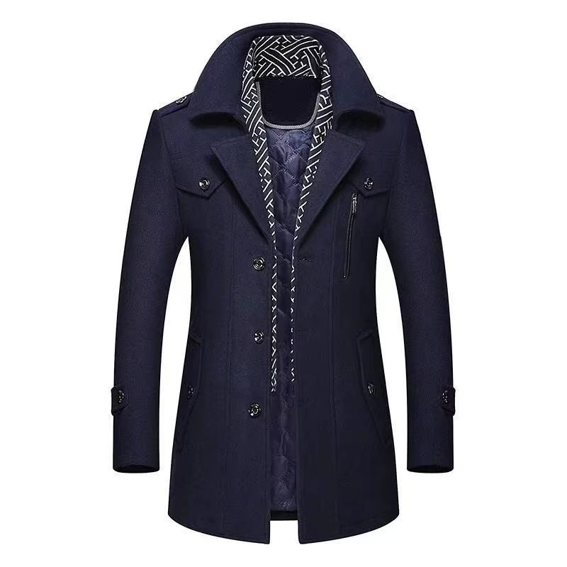 Street-Wave Men's Mid Length Wool Blend Winter Coat With Scarf Collar Padded Warm Overcoat M to 5XL