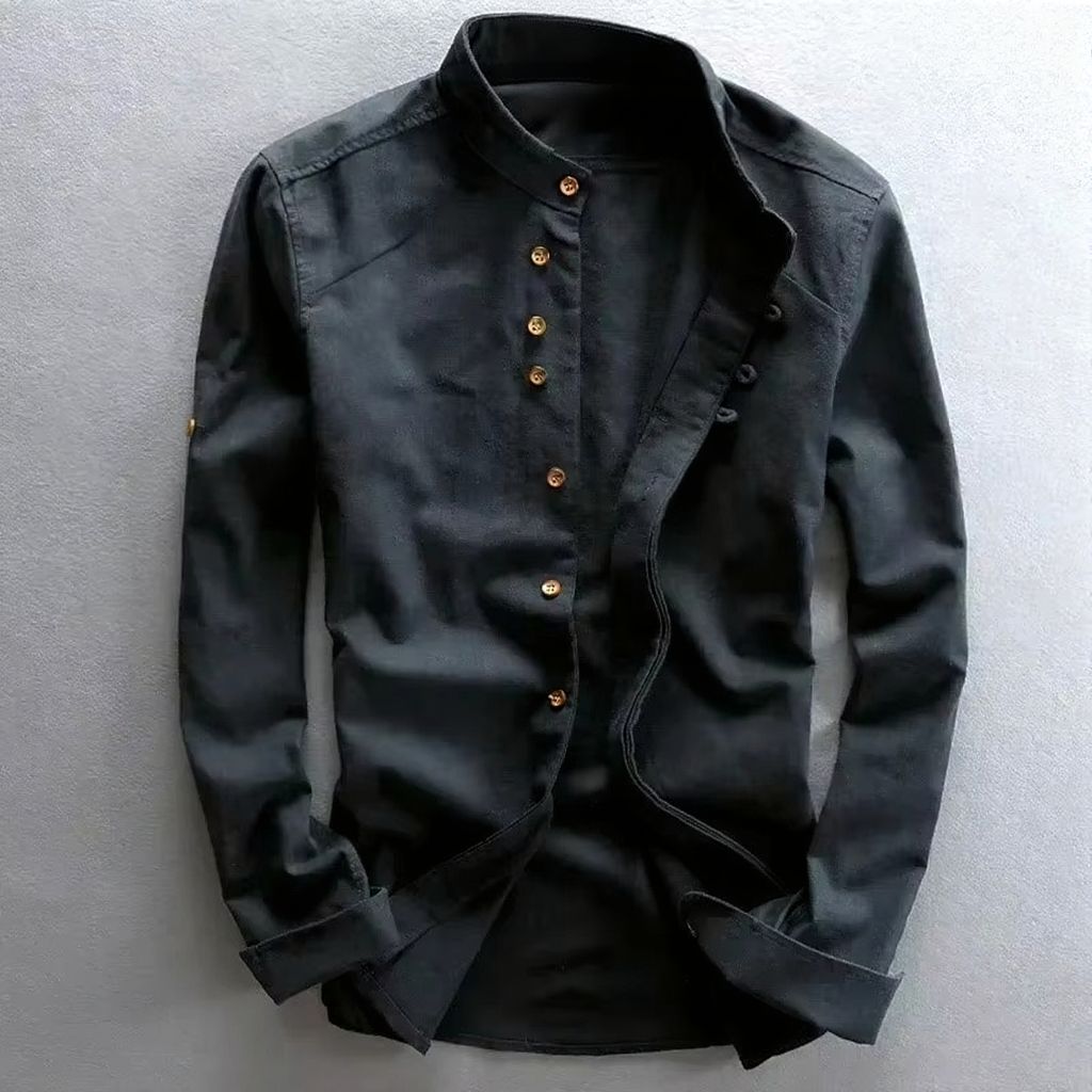 Street-Wave Men's Cotton Linen Stand Collar Shirt Retro Chinese Style Long Sleeve Top Sizes M Through 7XL