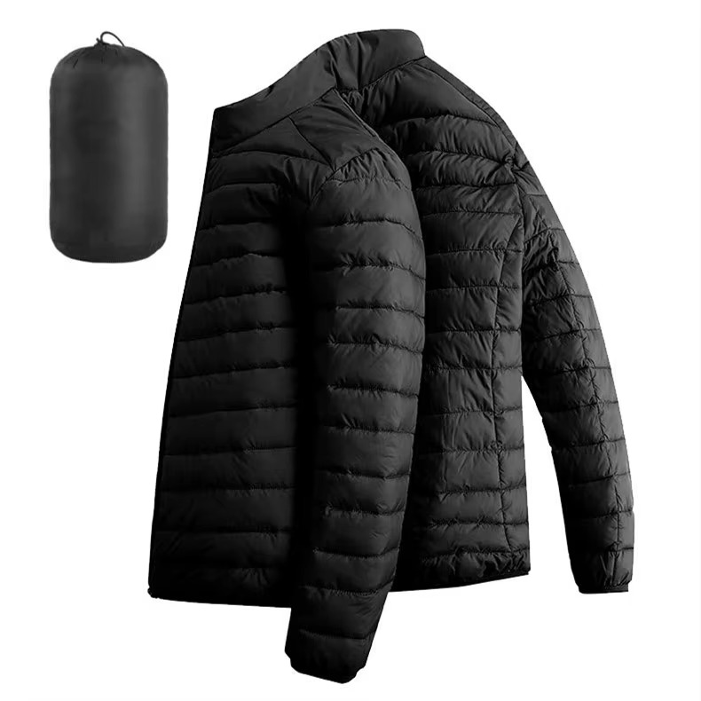 Men's Lightweight Hooded Cotton Down Jacket With Zip Pockets Casual Winter Parka