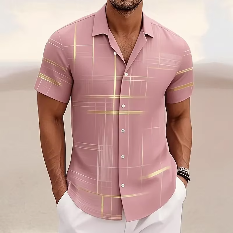 Street-Wave Men's 3D Geometric Plaid Short Sleeve Button Down Shirt For Modern Casual Style