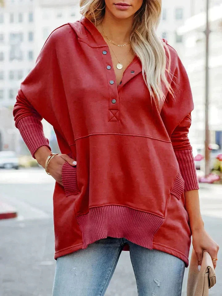 Street-wave V-Neck Hoodie With Button Accents For Women Oversized Polyester Pullover Chic Trend