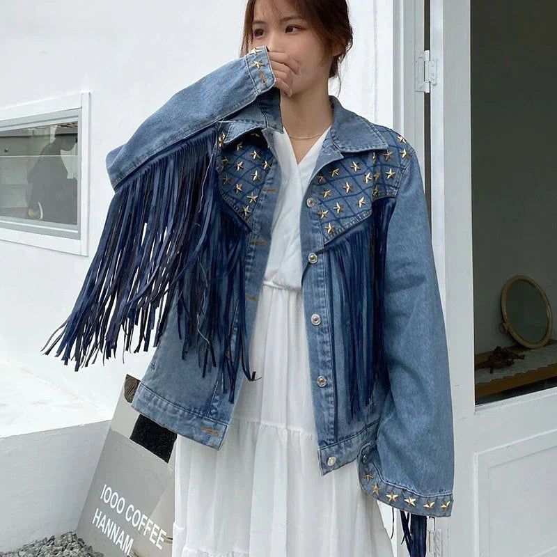 Street Wave Denim Fringe Jacket With Studded Yoke And Rolled Collar For Fashionable Women Seeking Urban Edge And Comfort