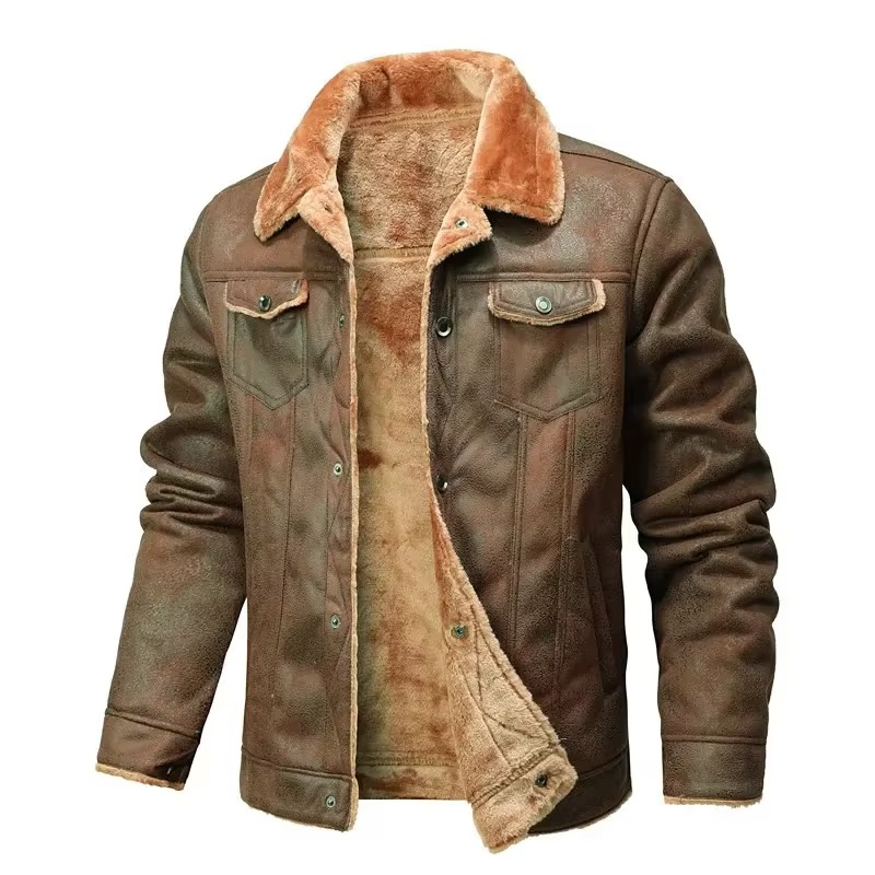 Men's Suede Leather Winter Coat With Thick Fleece Lining And Turn Down Collar For Men