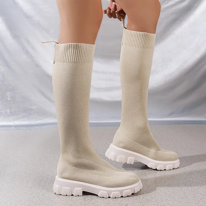 Street-wave Knee-High Knit Sock Boots With Stretch Comfort For Women Trendy Warm Winter Fashion