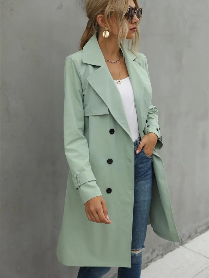 Street-Wave Trench Coat For Women Slim Fit Belted Double-Breasted Stylish All-Season Outerwear
