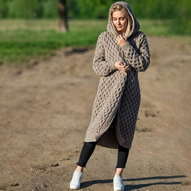Streetwave Hooded Long Cardigan Knit Coat For Women Cozy Modern Stylish Warm Knitwear