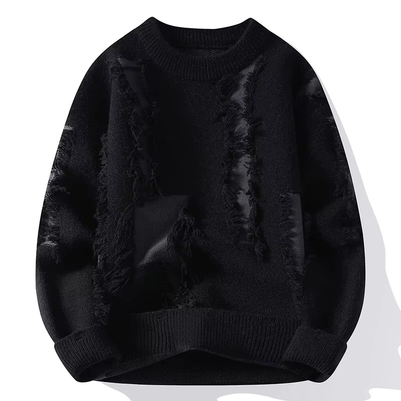 Men's Distressed Ripped Knit Patchwork Sweater Loose Fit Crew Neck Pullover Street-Wave