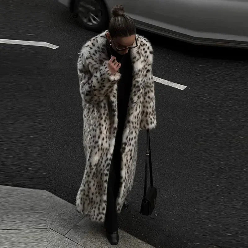 Street-Wave Leopard Print Faux Fur Trench Coat For Women - Warm Retro Winter Coat