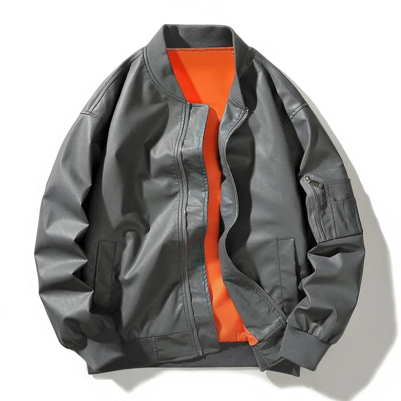 Street-wave Vegan Bomber Jacket Flight-Inspired Outerwear With Bold Orange Lining For Urban Streetwear
