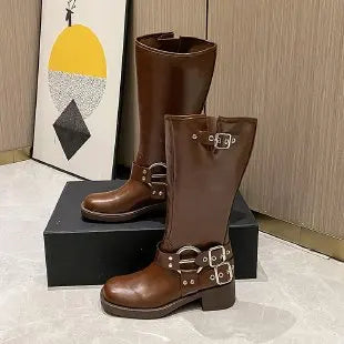 Street-Wave Orthopedic Knee-High Boots For Women With Cushioned Comfort And Retro Buckle Detail