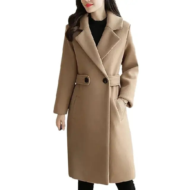 Street-wave Womens Belted Wool-Blend Coat For Women Long Elegant Outerwear Chic Winter Fashion