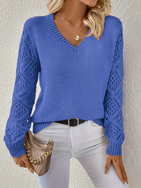 Streetwave V Neck Knit Sweater With Lace Sleeve Detailing For Women All Season Cozy