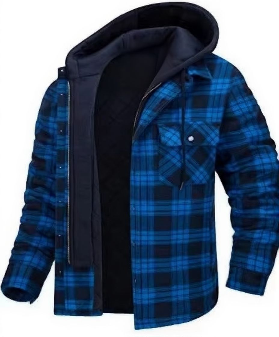 Mens Winter Thick Hooded Plaid Jacket Warm Insulated Casual Trendy Outerwear Street-Wave