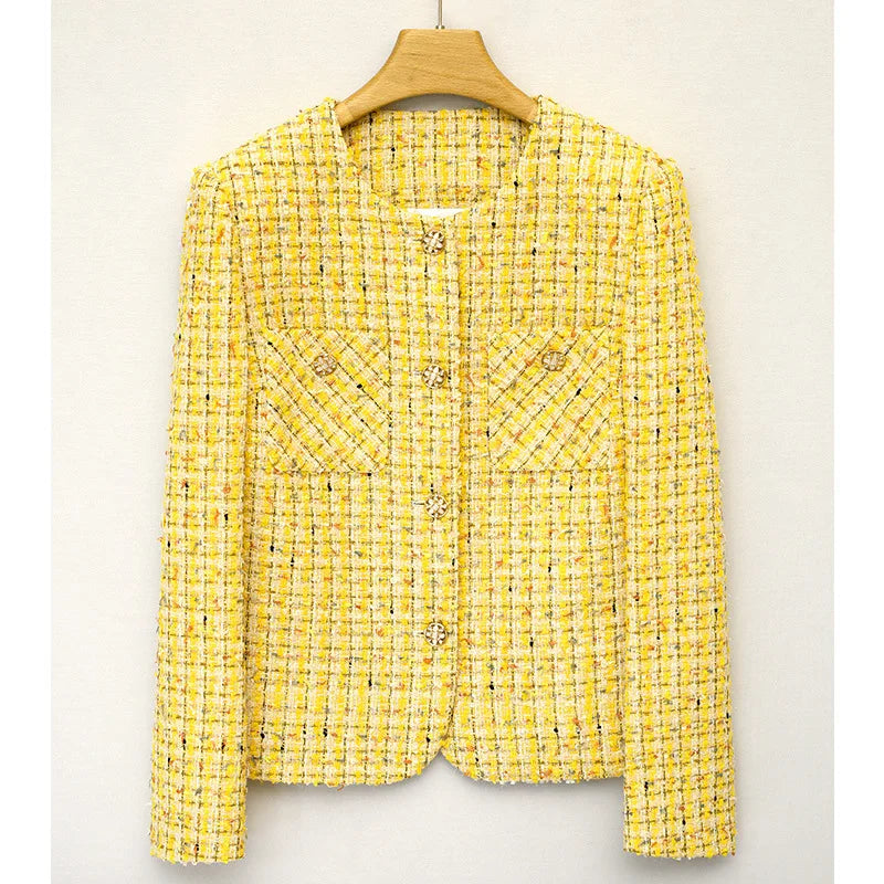 Street-Wave Yellow Woven Tweed Luxury Coat For Women With Elegant Button Details
