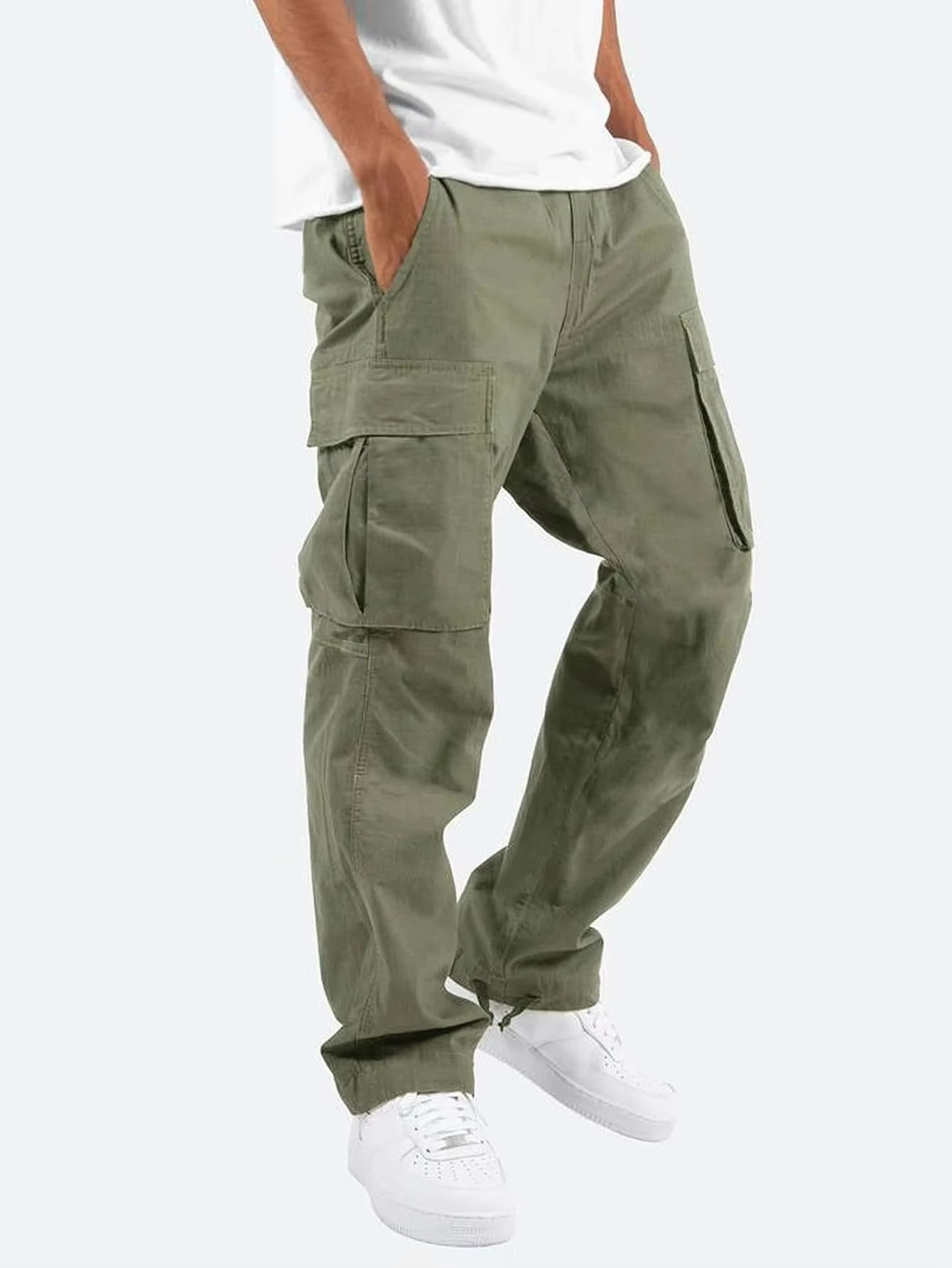 2025 Men's Solid Cargo Pants With Multi Pocket Design And Adjustable Drawstring For Everyday Comfort