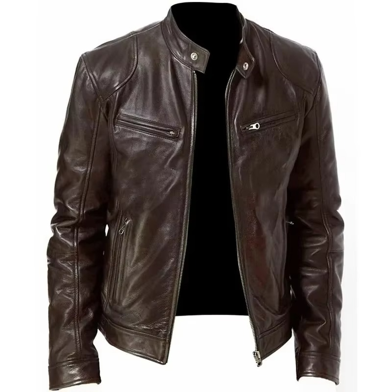 Men's Slim Fit PU Leather Jacket With Stand Collar Wind Resistant Motorcycle Style
