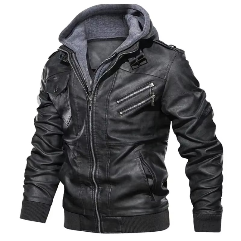 Street-Wave Mens Hooded PU Leather Biker Jacket Zip Up Streetwear Coat For Spring And Fall