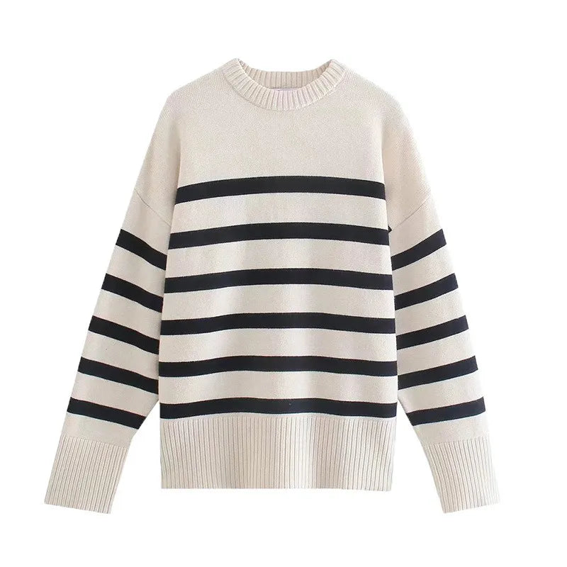 Street-wave Striped Knit Pullover Sweater For Women Effortless Chic Comfort Everyday Wardrobe Essential