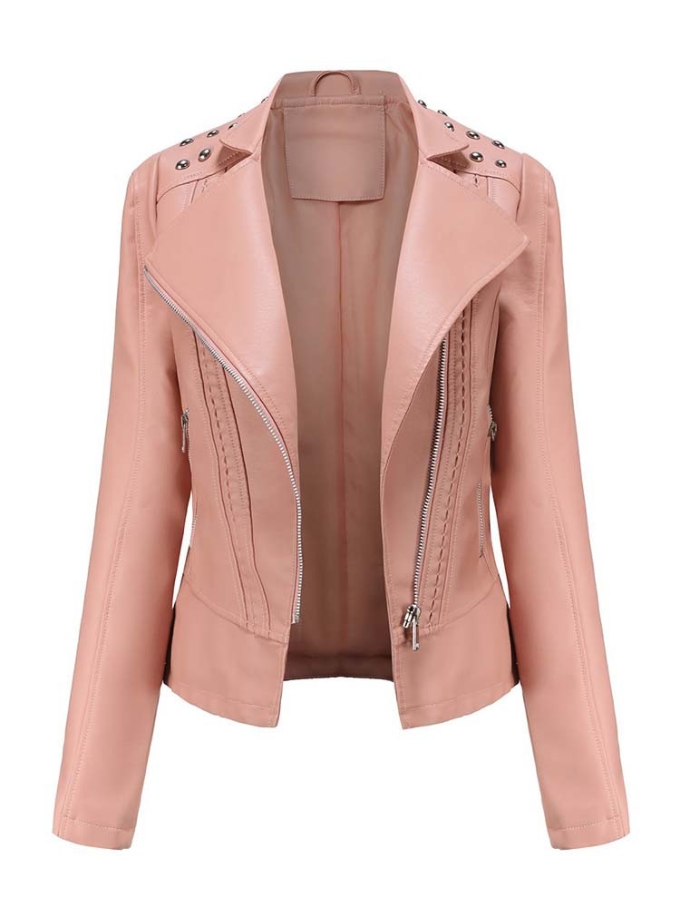Street-Wave PU Leather Jacket For Women With Studded Shoulders And Zippered Sleeves Chic All Season Outerwear