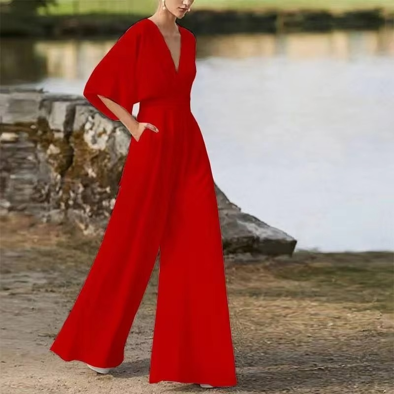 2025 Spring Summer Pure Color Side Button Commuter Low Waist Long Jumpsuit